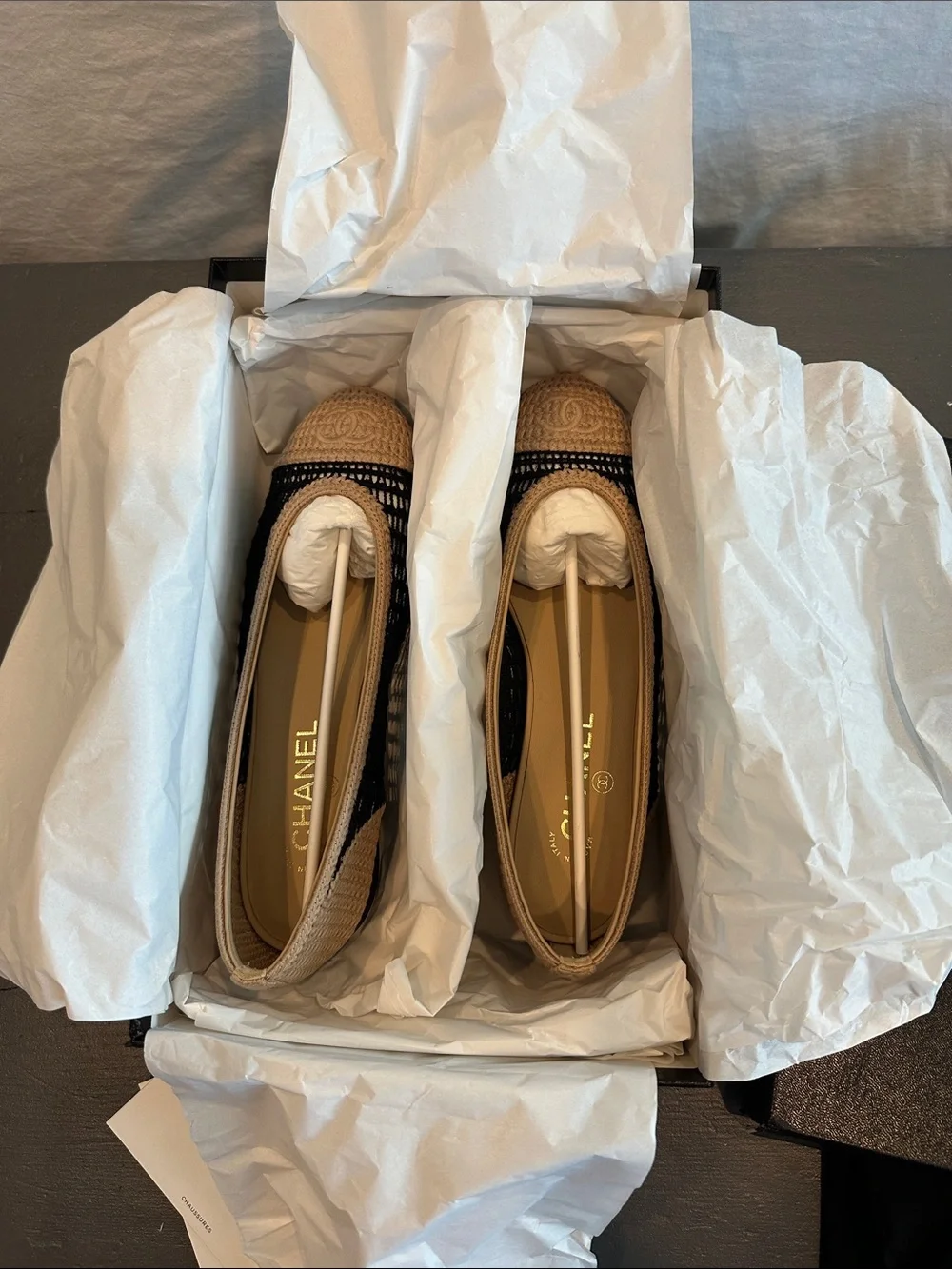 CHANEL Black and Beige Crochet Cap-Toe Ballet Flats